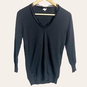 J.Crew Black Silk Ruffle V-Neck 3/4 Sleeve Knit Pullover Sweater Size S